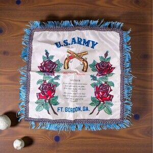 Vintage U.S. Army Ft Gordon Military Police Pillow Cover Blue Fringe Pillowcase